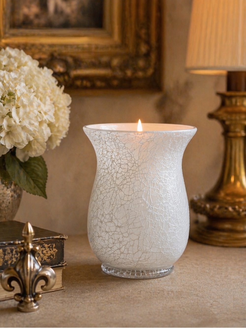 Set of 2 Snow White Crackle Glass Candle Holders 5.5” Soft Glow Small Pillar
